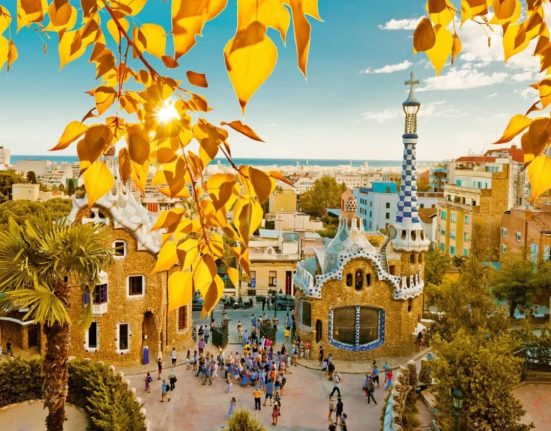 Barcelona Park Guell in fall with some beautiful fall foliage