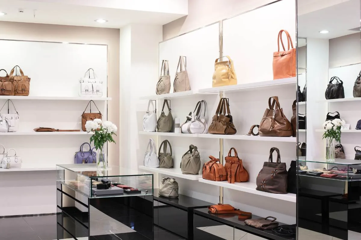 An upscale boutique in Aspen with shelves of stylish handbags and a modern, minimalist interior design.