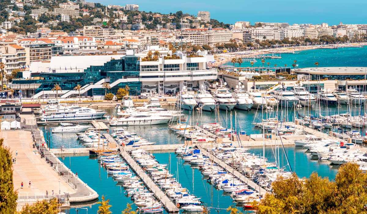 A bustling marina in Cannes, showcasing rows of moored yachts, with the Palais des Festivals et des Congrs in the backdrop and the cityscape extending into the hills.