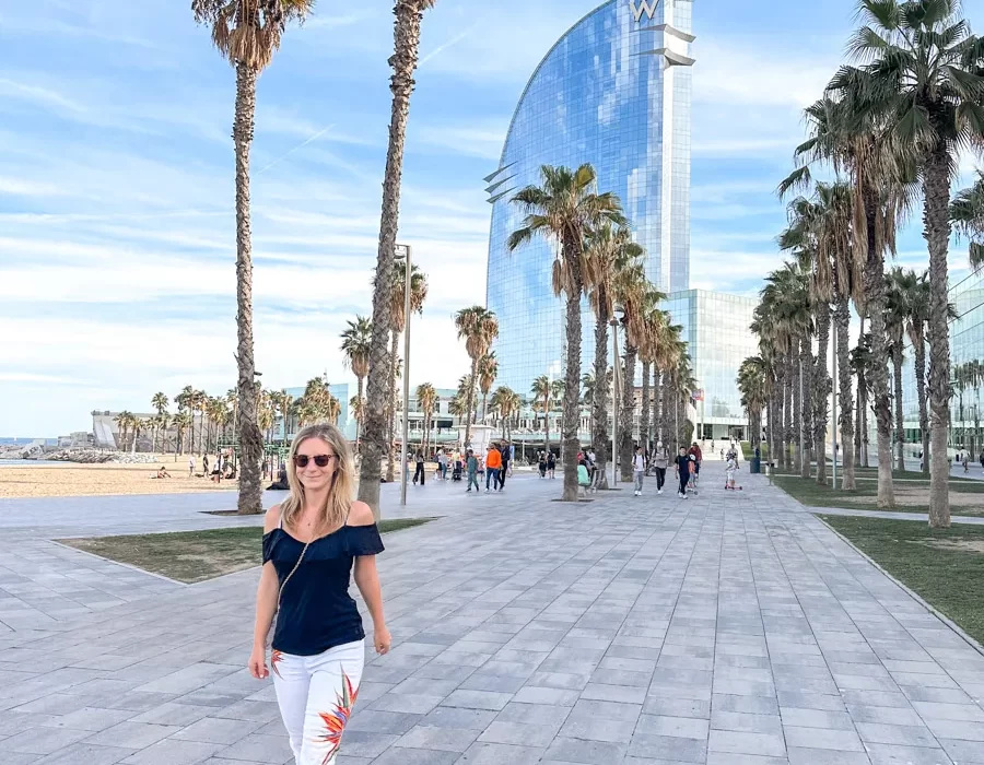 The author walking on Barceloneta beach in front of the iconic W hotel