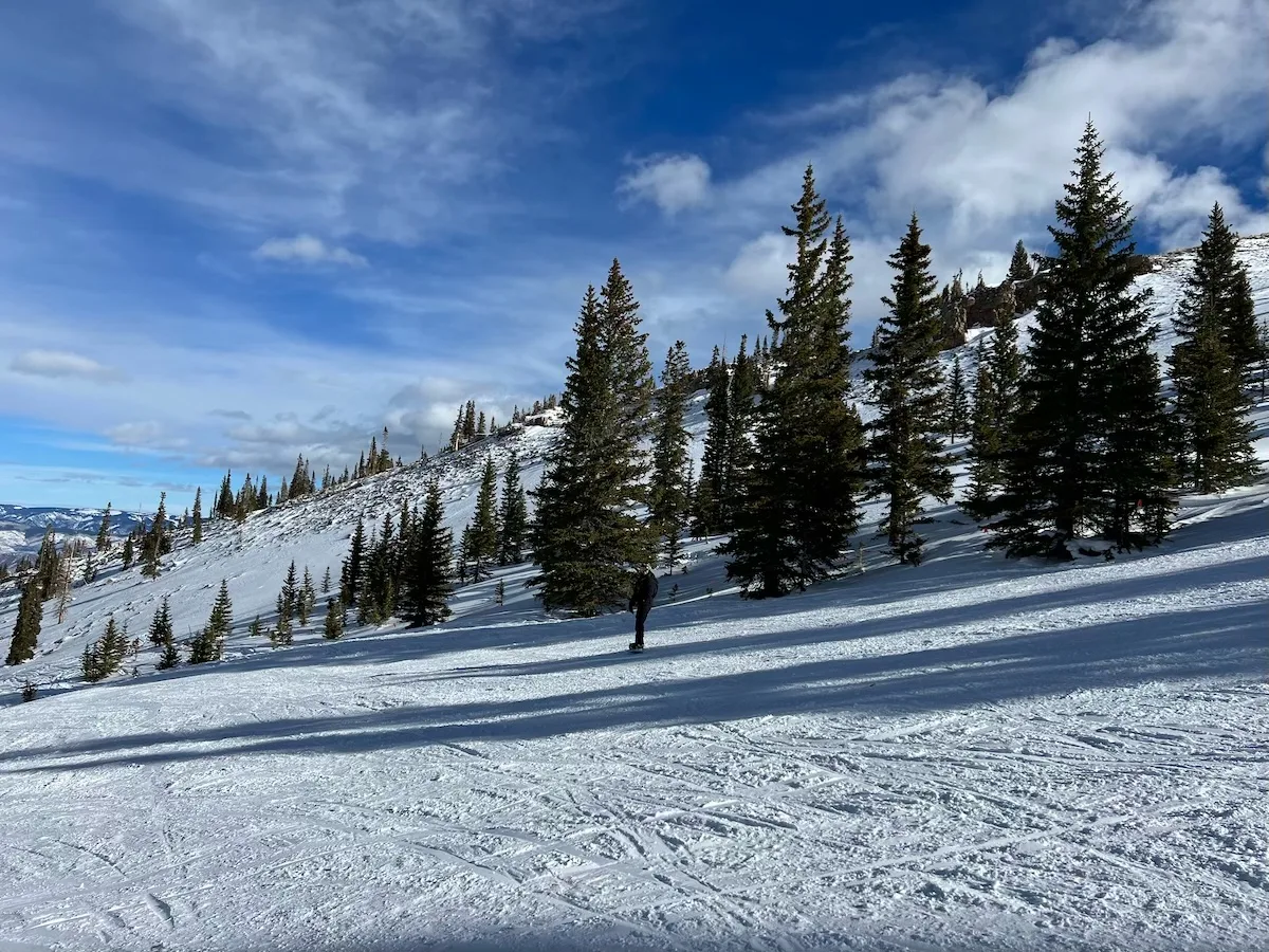 A skier on a vast snowy slope with scattered pine trees under a bright blue sky, in Aspen.