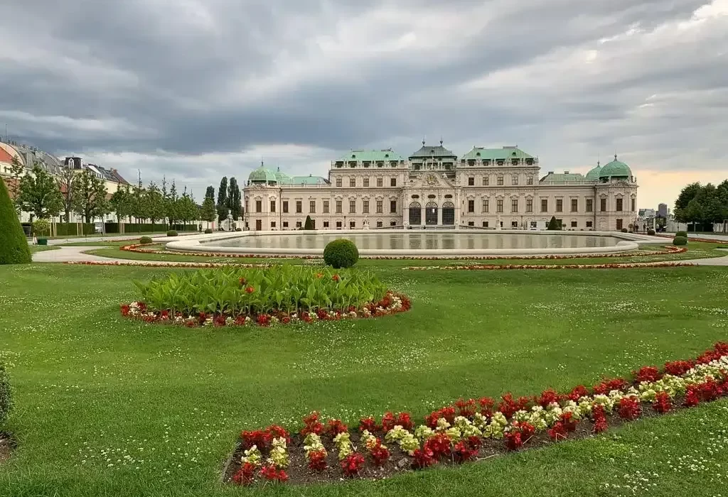 Belvedere Palace and gardens in Vienna in summer with lots of flowers